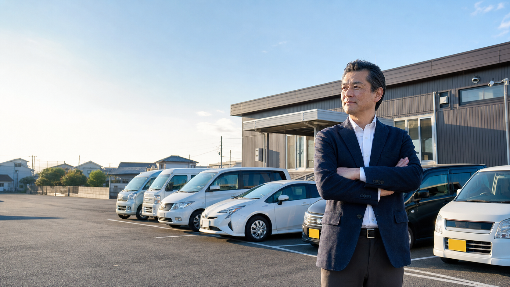 レンタカー車両の前に立つ法人経営者